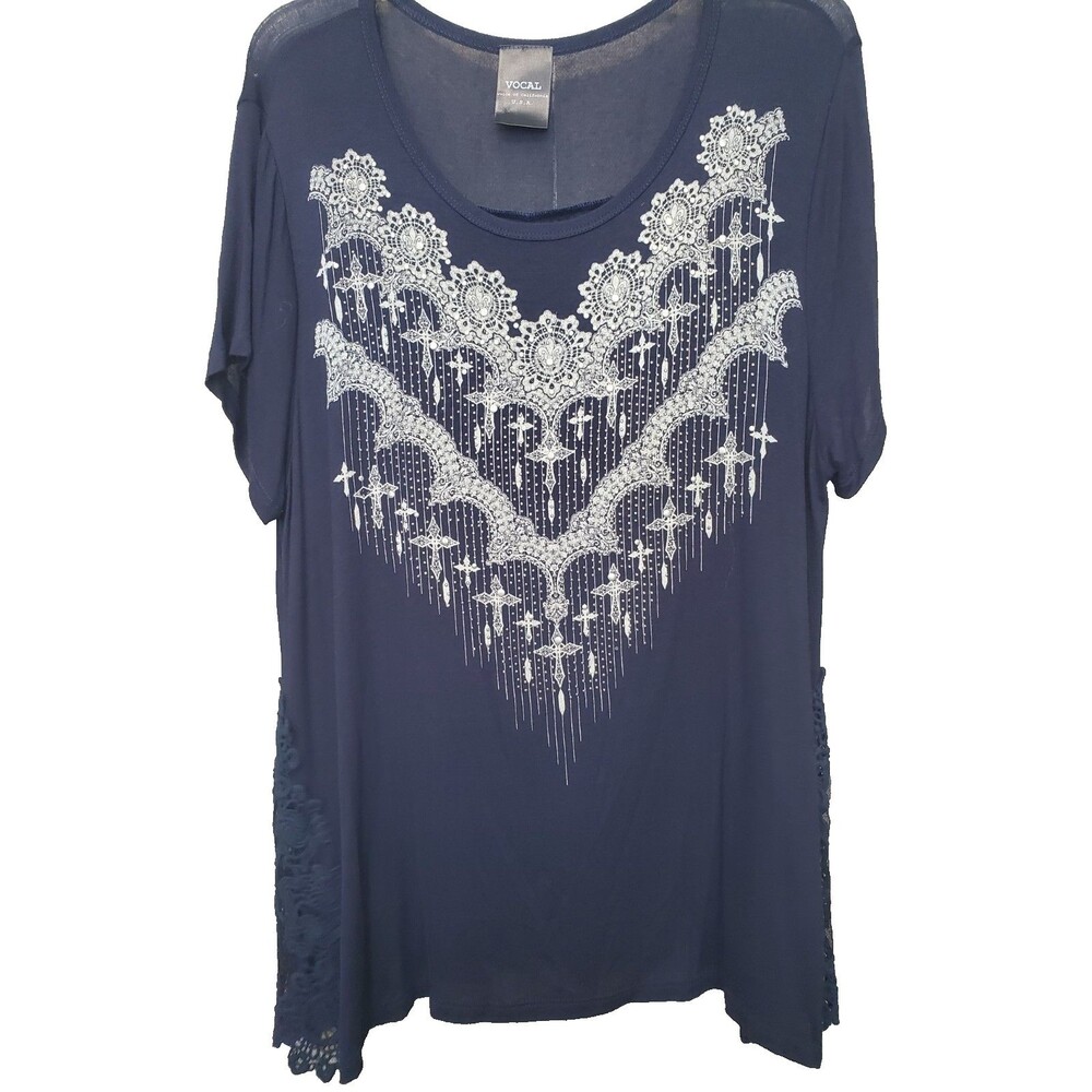 Vocal Blue Studded Lace Detail Short Sleeve Tunic Size 1X